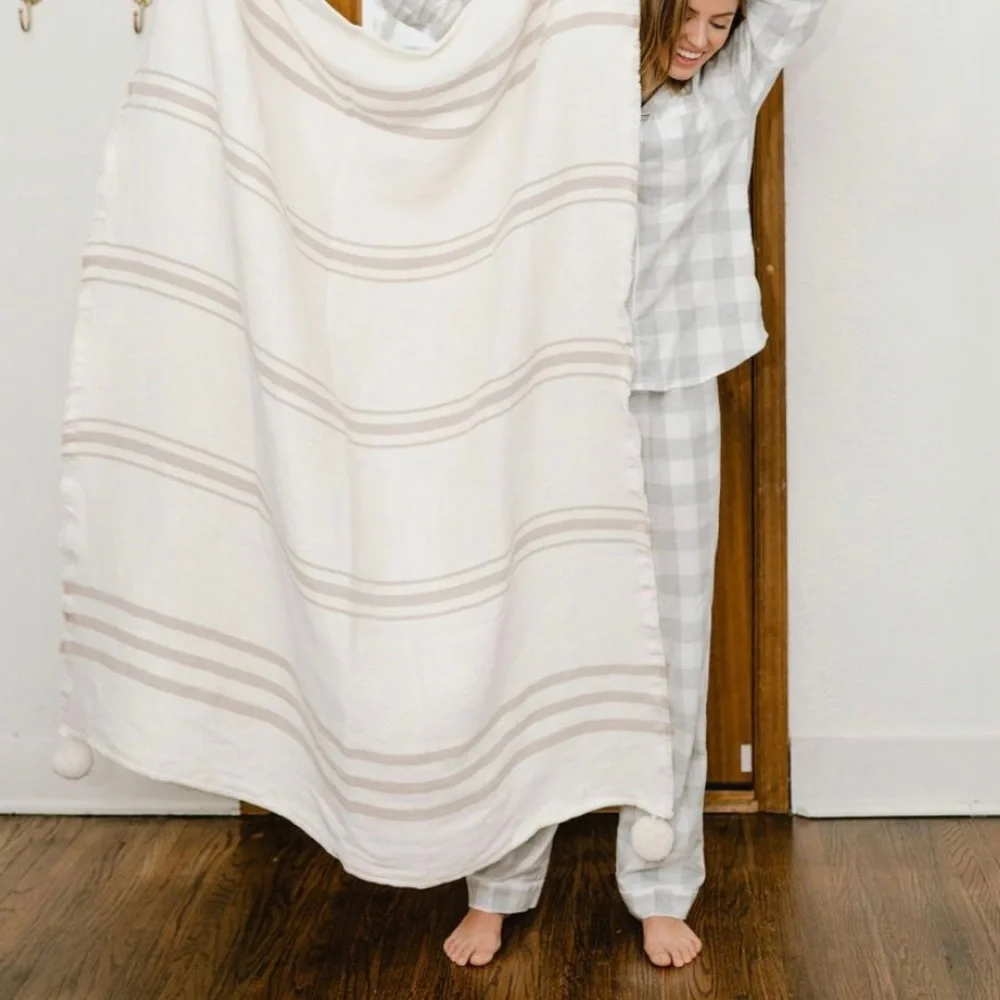 Imani Collective Blanket Throw Woven Striped Pom Poms Cream Tan Beige Neutral